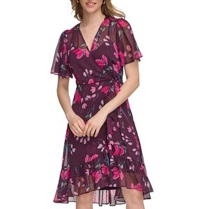NWT Calvin Klein Floral Flutter Sleeve Faux Wrap Dress Size 10